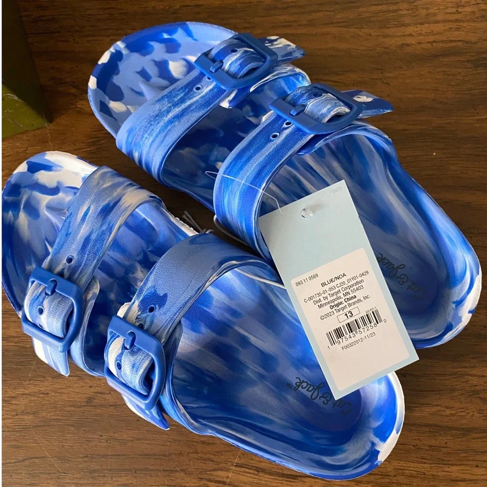 Cat & Jack Boys Blue Marble EVA Two-Strap Slide Sandals Size 13 NWT Water Shoes